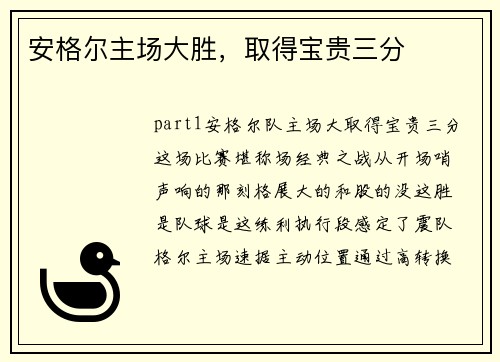 安格尔主场大胜，取得宝贵三分