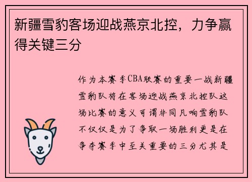 新疆雪豹客场迎战燕京北控，力争赢得关键三分