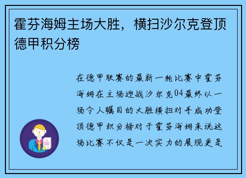 霍芬海姆主场大胜，横扫沙尔克登顶德甲积分榜