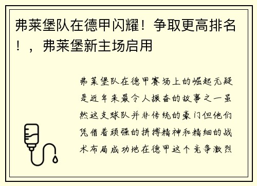 弗莱堡队在德甲闪耀！争取更高排名！，弗莱堡新主场启用