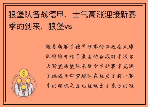 狼堡队备战德甲，士气高涨迎接新赛季的到来，狼堡vs