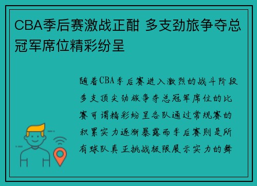 CBA季后赛激战正酣 多支劲旅争夺总冠军席位精彩纷呈